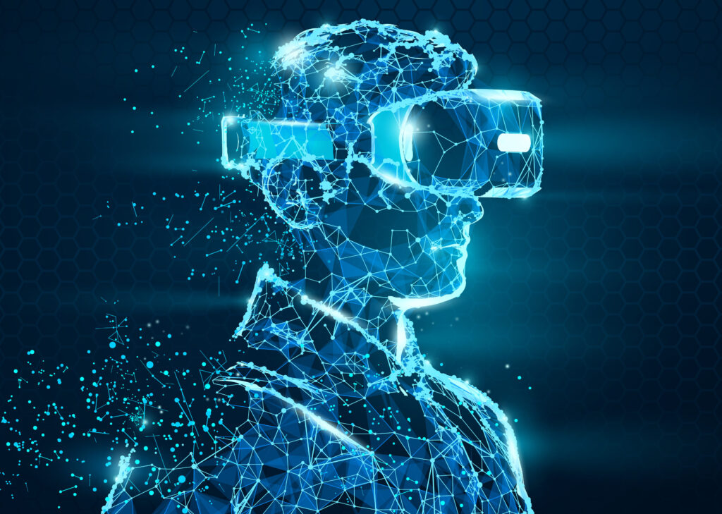 VR headset holographic low poly wireframe vector banner. Polygonal man wearing virtual reality glasses, helmet. VR games playing. Particles, dots, lines, triangles on blue background. Neon light.