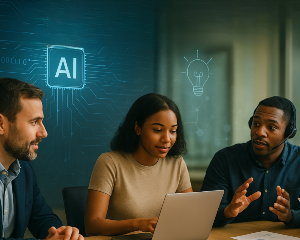An AI-generated image of a diverse group of professionals working together around a table.