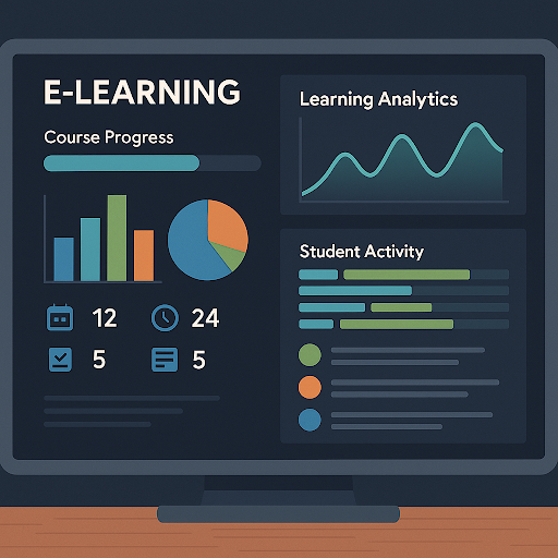 An illustrated LMS dashboard with data visualizations representing metrics like course progress, learning analytics, and student activity.
