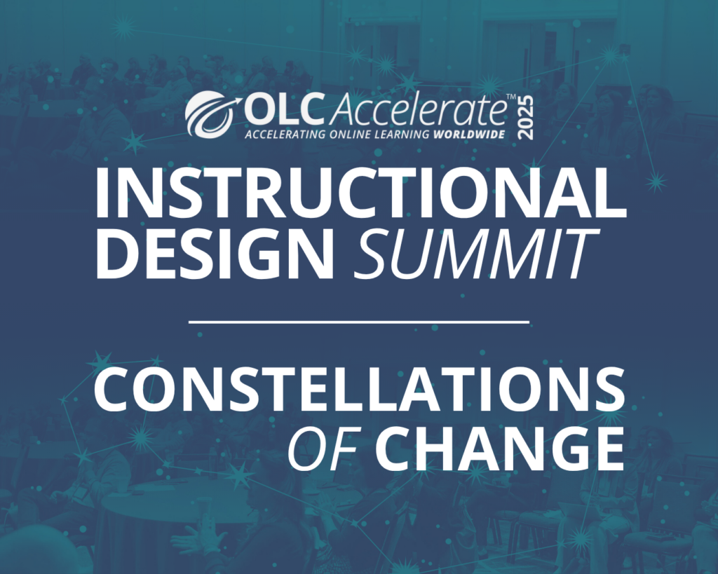 OLC Accelerate 2025 Instructional Design Summit Theme: Constellations of Change, with a background of star constellations