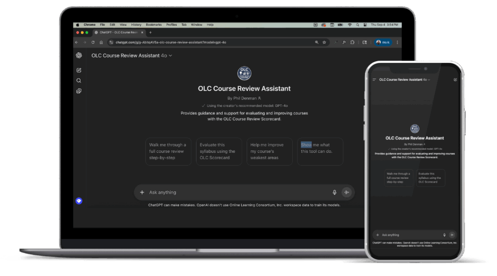 The chat interface home screen of the Course Review Assistant GPT mocked up onto a laptop screen and iPhone