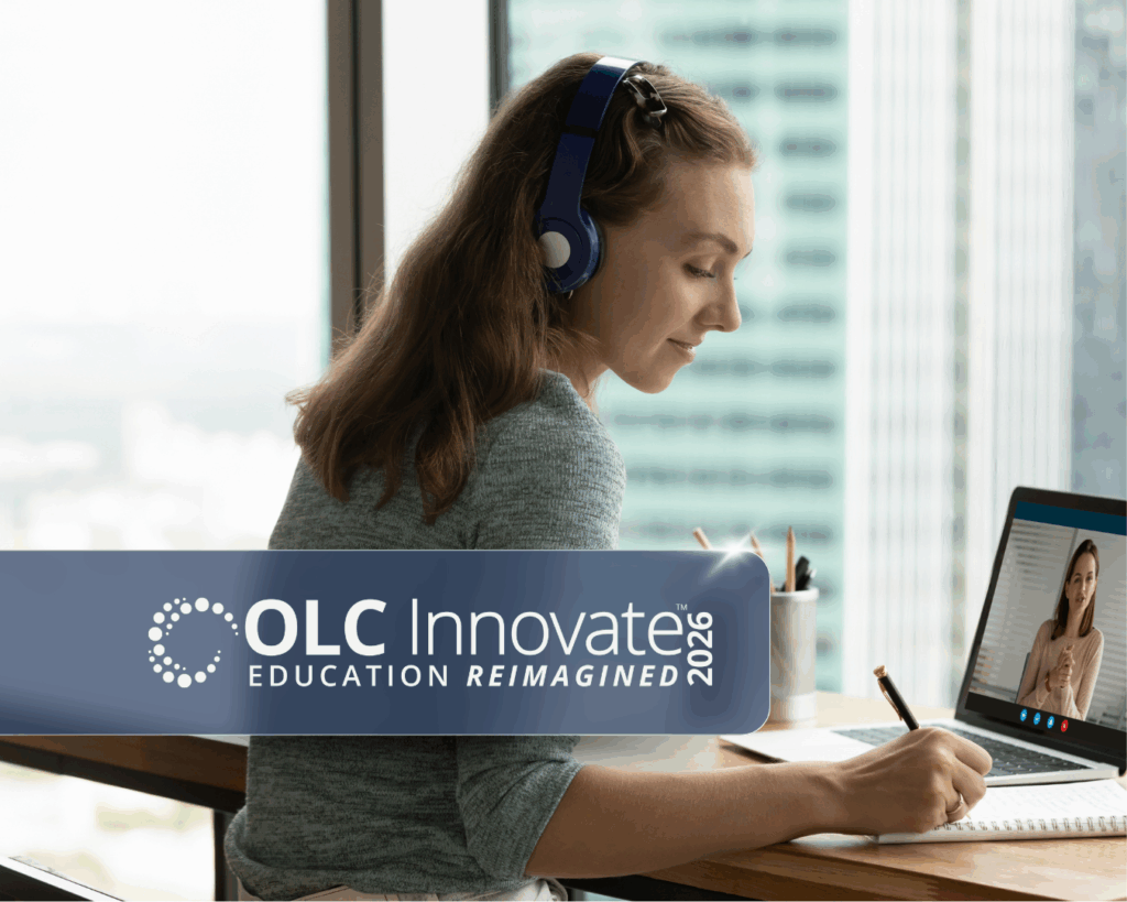 A photo of a woman wearing headphones writing in front of her laptop in a bright and airy office space with the OLC Innovate logo overlaid on top.