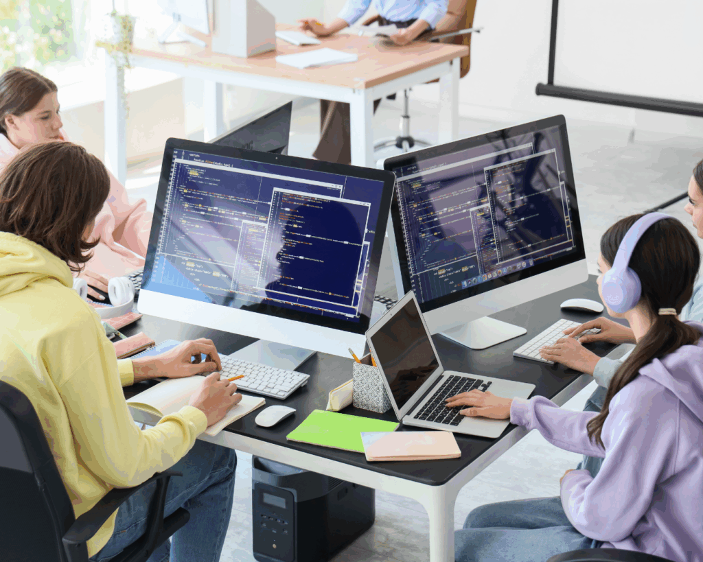 Photo of young adult students working in a bright computer lab