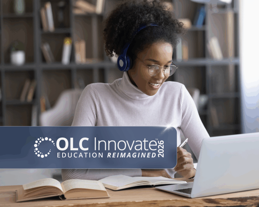 A photo of a woman wearing headphones writing in front of her laptop in a bright and airy office space with the OLC Innovate logo overlaid on top.