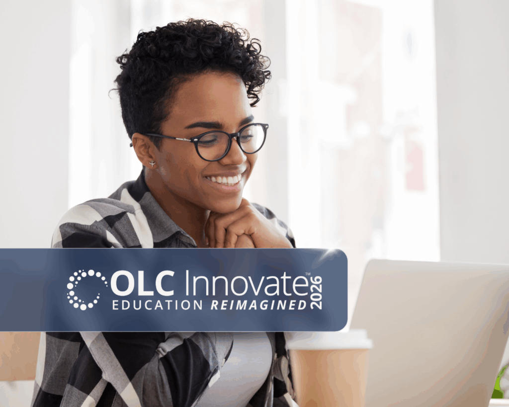 A photo of a woman in front of her laptop in a bright and airy office space with the OLC Innovate logo overlaid on top.