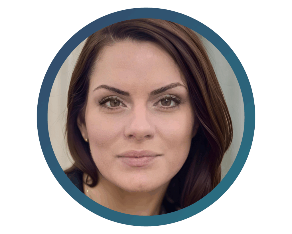 Circular cutout of a photo of Dr. Georgianna Laws ringed by a teal and navy gradient.