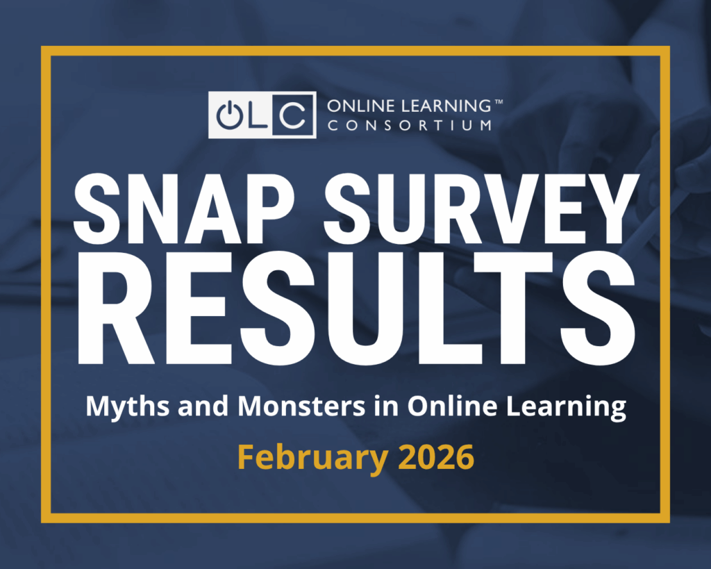 Navy graphic reading Snap Survey Results, Myths and Monsters in Online Learning, February 2026.