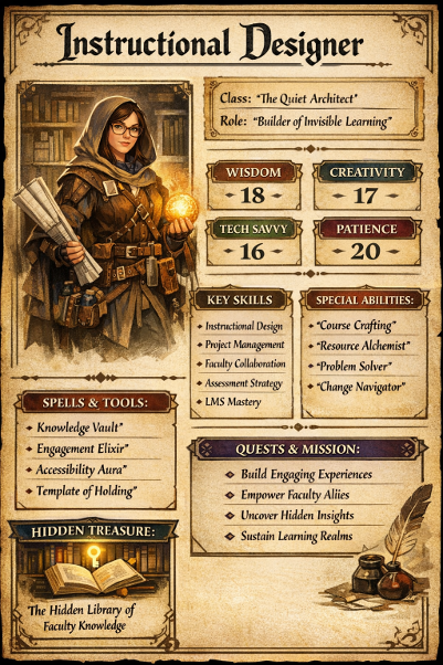 A stylized, distressed looking graphic of a character sheet, describing the skills of an Instructional Designer as if they were a character in a fantasy tabletop role-playing game.
