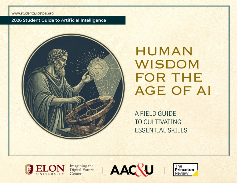 Cover page for the Student Guide to Artificial Intelligence, including logos for Elon University, the American Association of Colleges and Universities, and the Princeton Review
