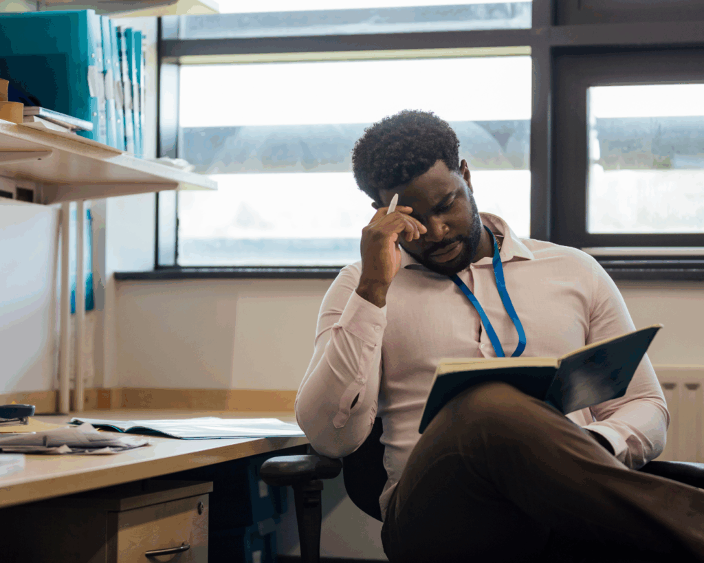 Photo of a tired-looking teacher, seated at a desk with an open book, pensively massaging his forehead.